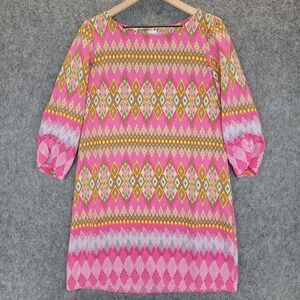 Pink‎ Owl Dress Womens Large Pink Geometric Aztec Print 3/4 Sleeve Pullover Boho